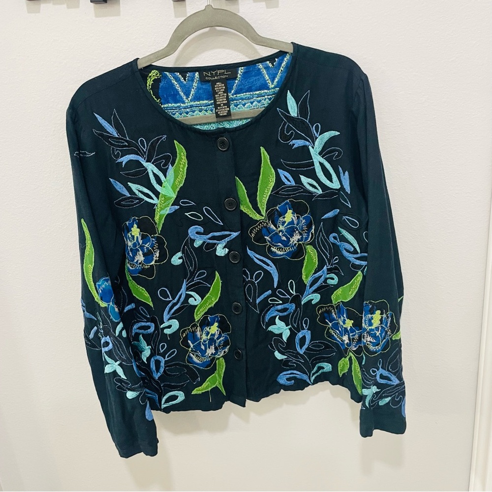 Vintage N.Y.P.L Collection Floral Embroidered Cardigan Art To Wear Womens Size M